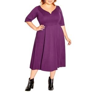 NEW City Chic Womens Purple Fit Flare Notch Neck A Line Midi Dress 16 Boldcore